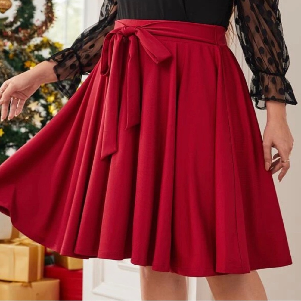 Solid Belted Skirt Knee Length Red